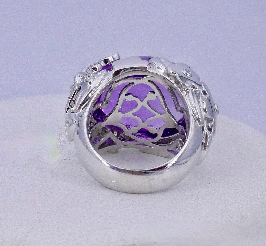 Bague cocktail amethyste cabochon or blanc -photo-4