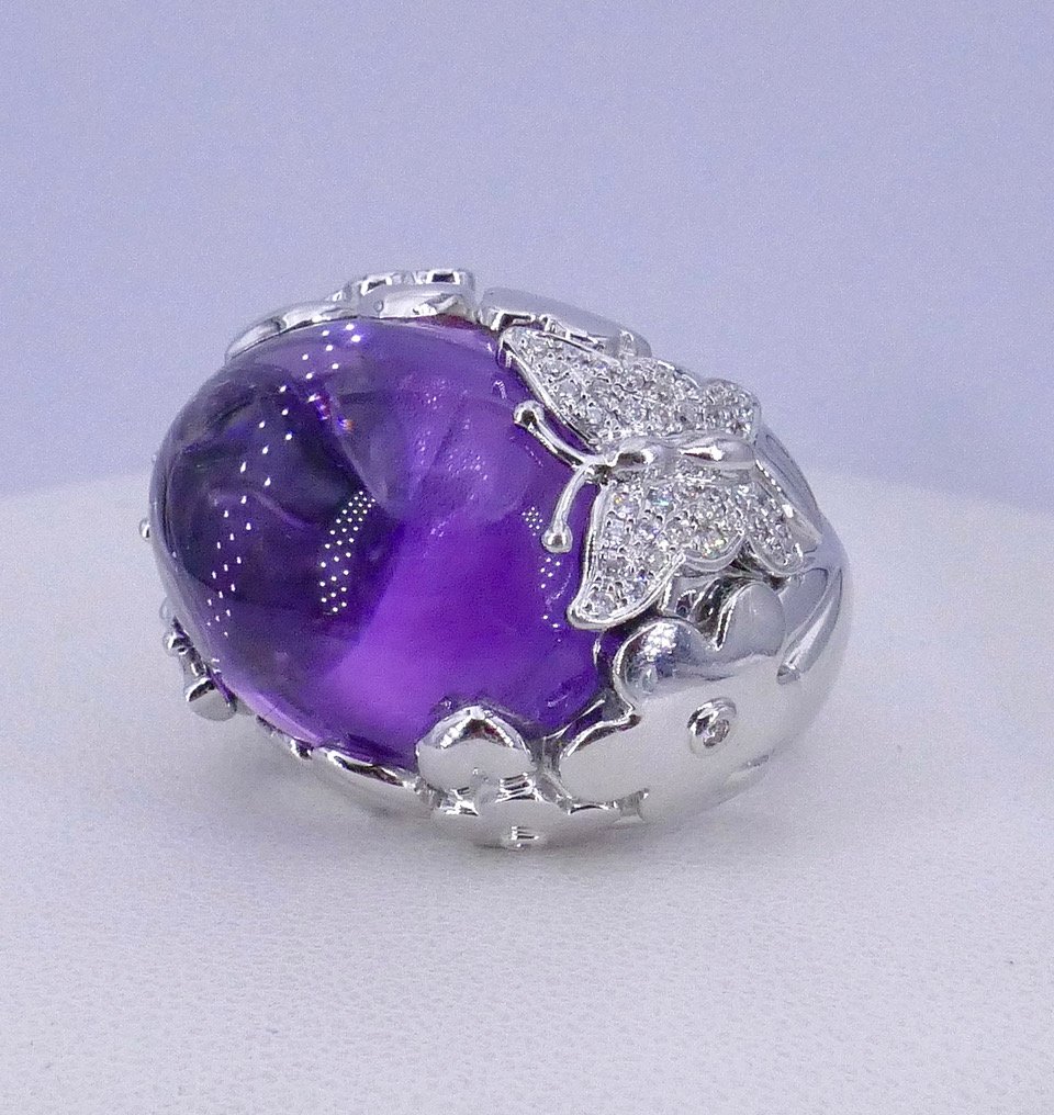 Bague cocktail amethyste cabochon or blanc -photo-5