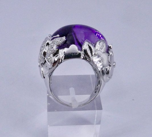 Bague cocktail amethyste cabochon or blanc -photo-6