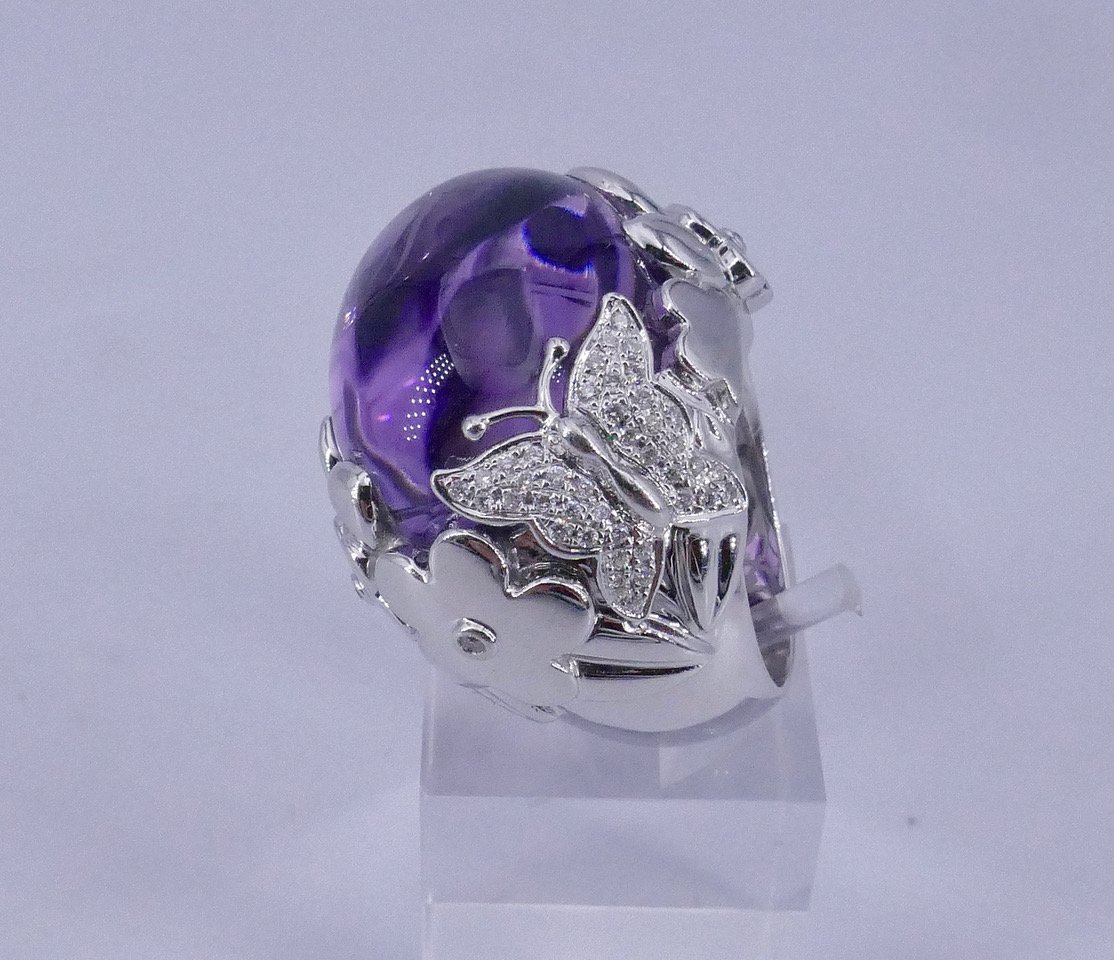 Bague cocktail amethyste cabochon or blanc -photo-7