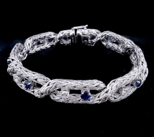 Bracelet en or gris maille tressée diamants saphir 1960-photo-4
