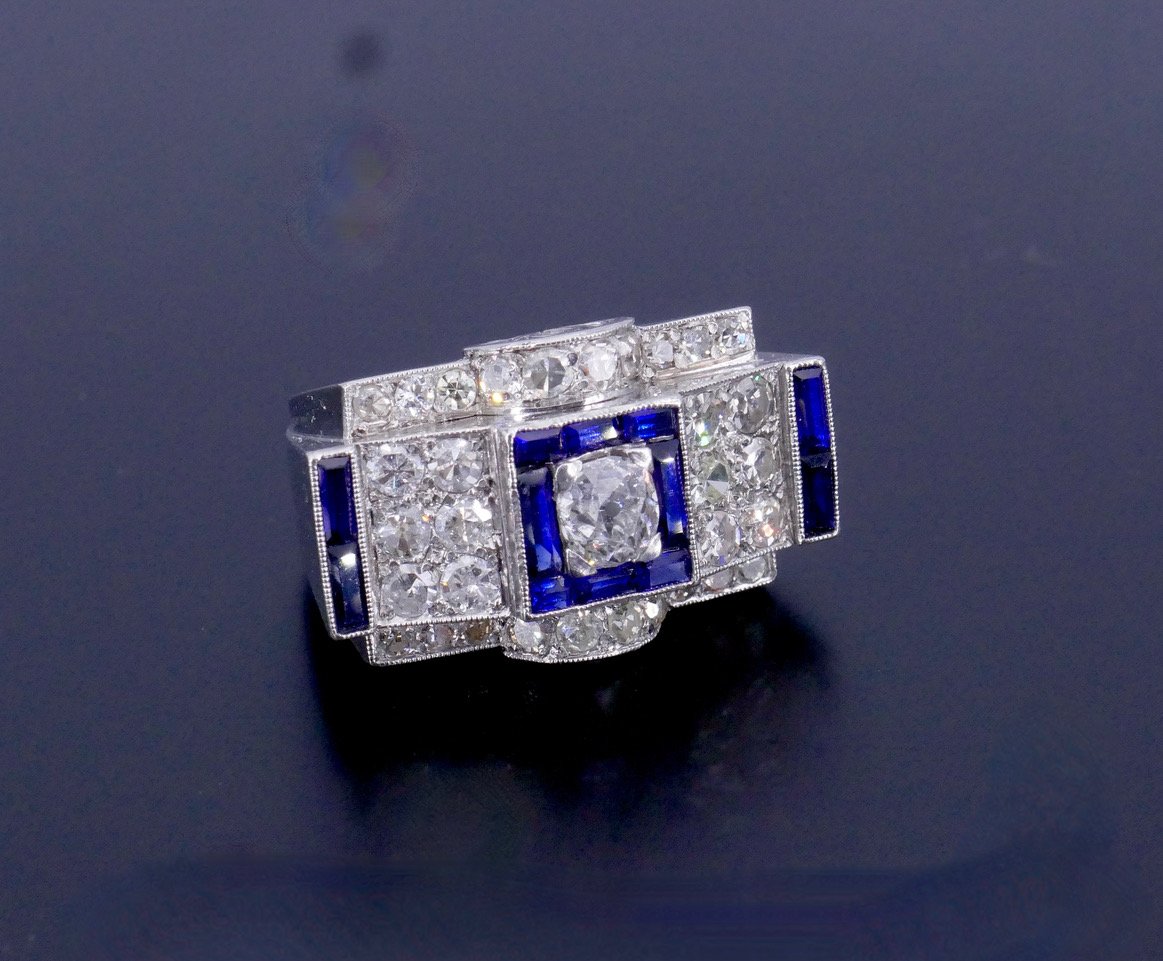 Platinum Ring With Diamonds And Sapphires From The 1930s/1940s-photo-1