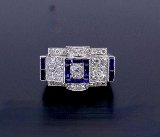 Platinum Ring With Diamonds And Sapphires From The 1930s/1940s-photo-2