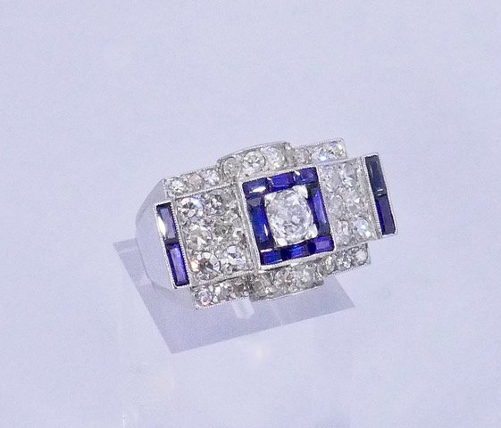 Platinum Ring With Diamonds And Sapphires From The 1930s/1940s-photo-3