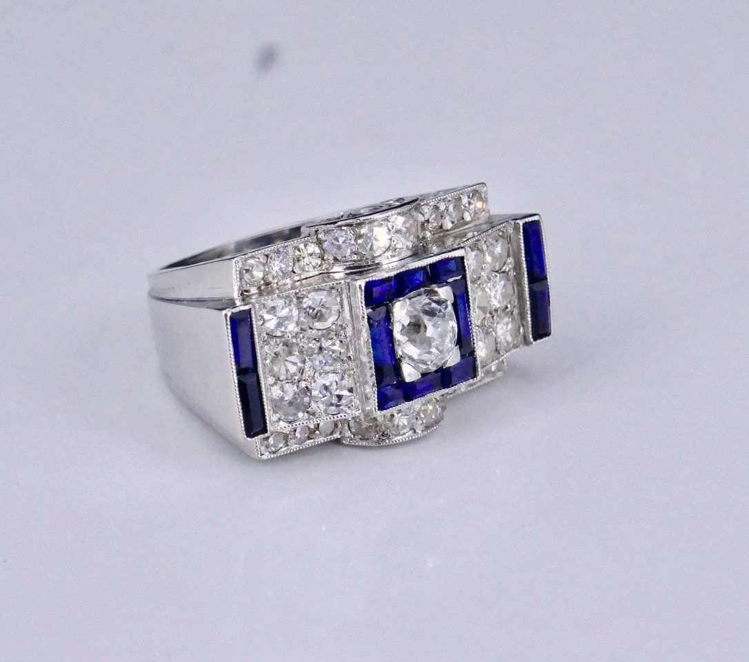 Platinum Ring With Diamonds And Sapphires From The 1930s/1940s-photo-4