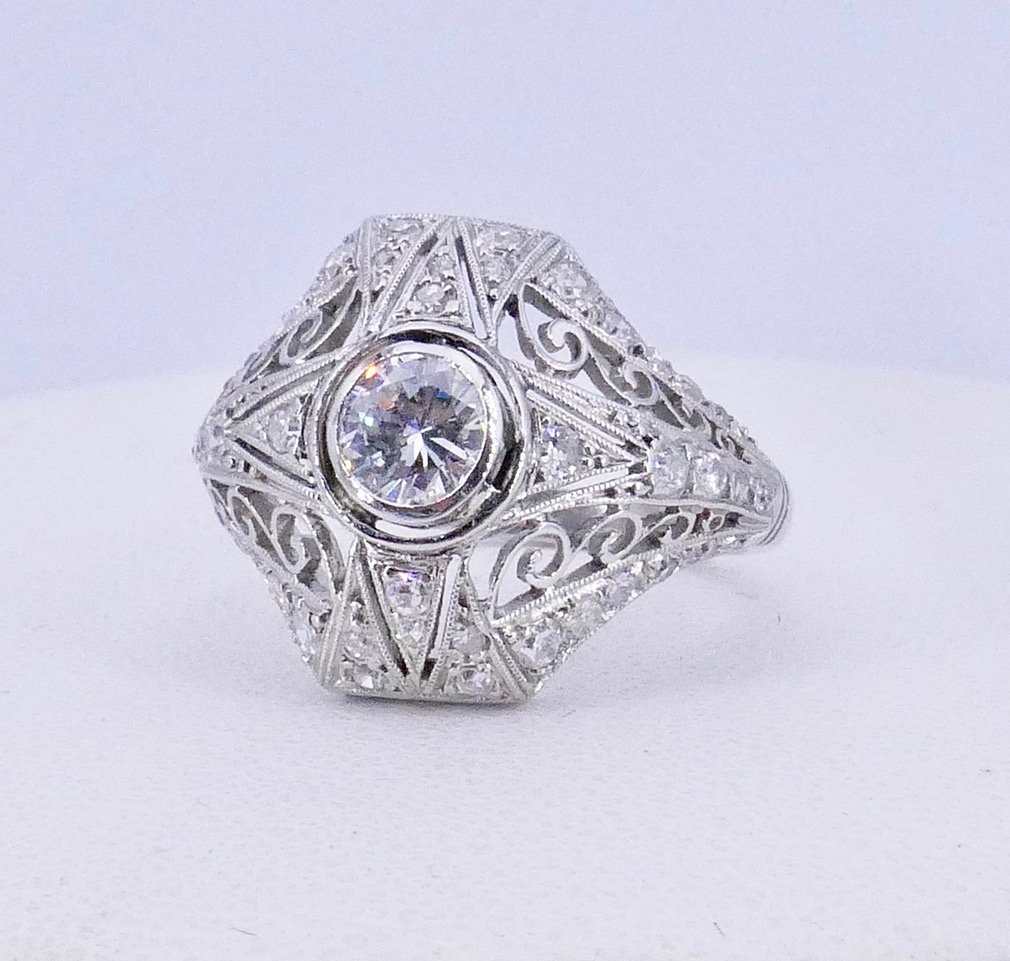 Bague Dôme Art déco platine diamants -photo-3