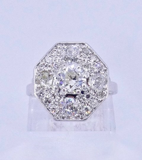 Octagonal White Gold Diamond Ring 