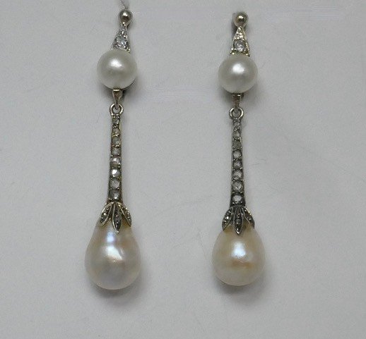 Fine Pearl And Diamond Ear Pendants Early 20th Century-photo-3