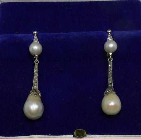Fine Pearl And Diamond Ear Pendants Early 20th Century-photo-1