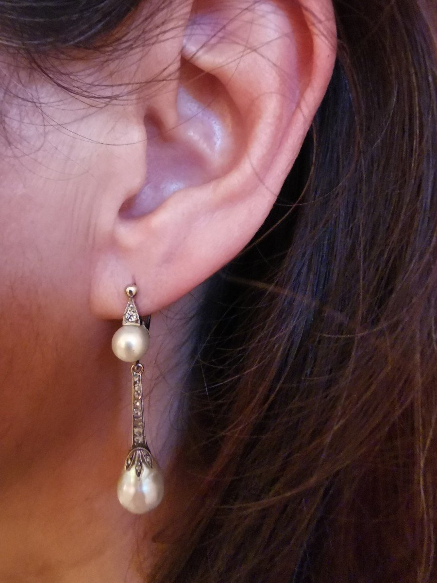 Fine Pearl And Diamond Ear Pendants Early 20th Century-photo-2