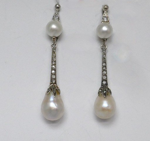 Fine Pearl And Diamond Ear Pendants Early 20th Century