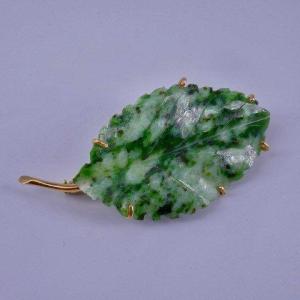 Broche Feuille En Or Et Jade Jadeite 