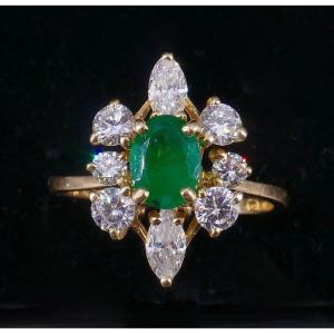 Bague Navette Emeraude Et Diamants 