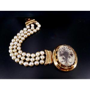 Bracelet Médaillon Marqueterie De Cheveux Perles XIX 