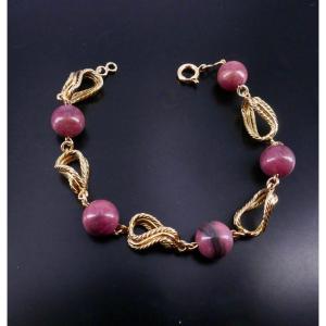Gold Bracelet And Pink Rhodonite Balls