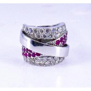 Large Bague Or Gris Diamants  Et Rubis