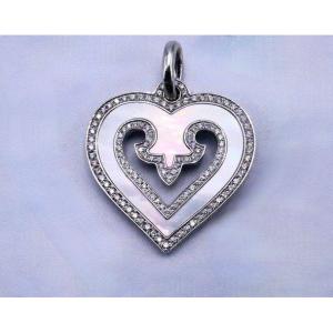 Oj Perrin "heart Legends" Pendant White Gold Diamonds And Mother-of-pearl