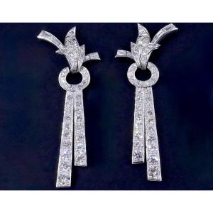 Pendants d'Oreilles  Cocktail Platine or Diamants Années 50