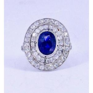 Platinum Ring 1930s Ceylon Sapphire Diamonds 