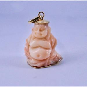 Gold Peach Coral Buddha Pendant