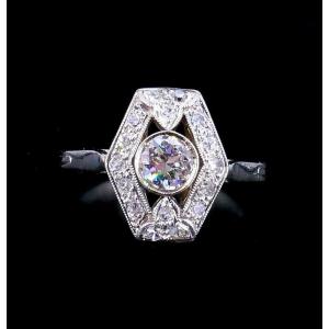 Hexagonal Art Deco Ring Platinum Gold Diamonds 