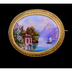 19th-century Swiss Gold Brooch With Enamel Depicting Tell's Chapel