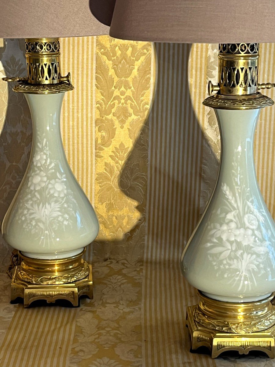 Paire De Lampes En Porcelaine Céladon Fleuri. Epoque XIXè siècle-photo-7