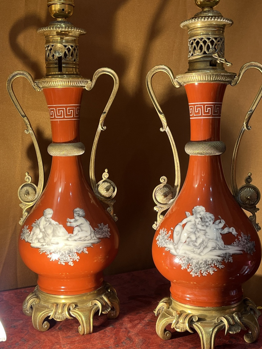 Pair Of Lamps, Decorated With Cherubs In Grisaille. Napoleon III Period