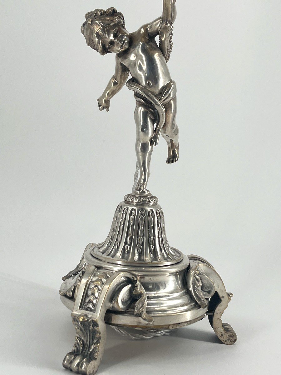 Bougeoir monté en Lampe, Bronze Argenté, Au Chérubin, Style Louis XVI-photo-2