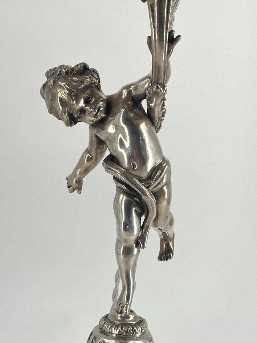 Bougeoir monté en Lampe, Bronze Argenté, Au Chérubin, Style Louis XVI-photo-3