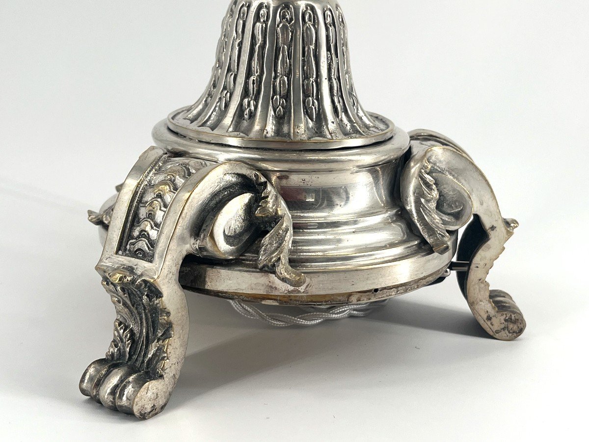 Bougeoir monté en Lampe, Bronze Argenté, Au Chérubin, Style Louis XVI-photo-4
