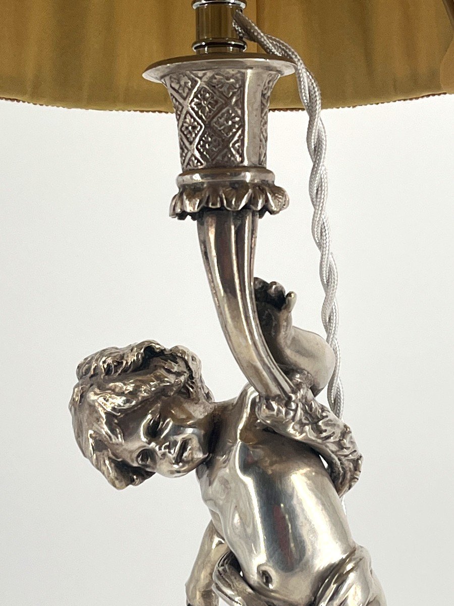 Bougeoir monté en Lampe, Bronze Argenté, Au Chérubin, Style Louis XVI-photo-4