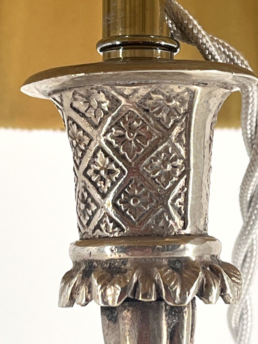 Bougeoir monté en Lampe, Bronze Argenté, Au Chérubin, Style Louis XVI-photo-5