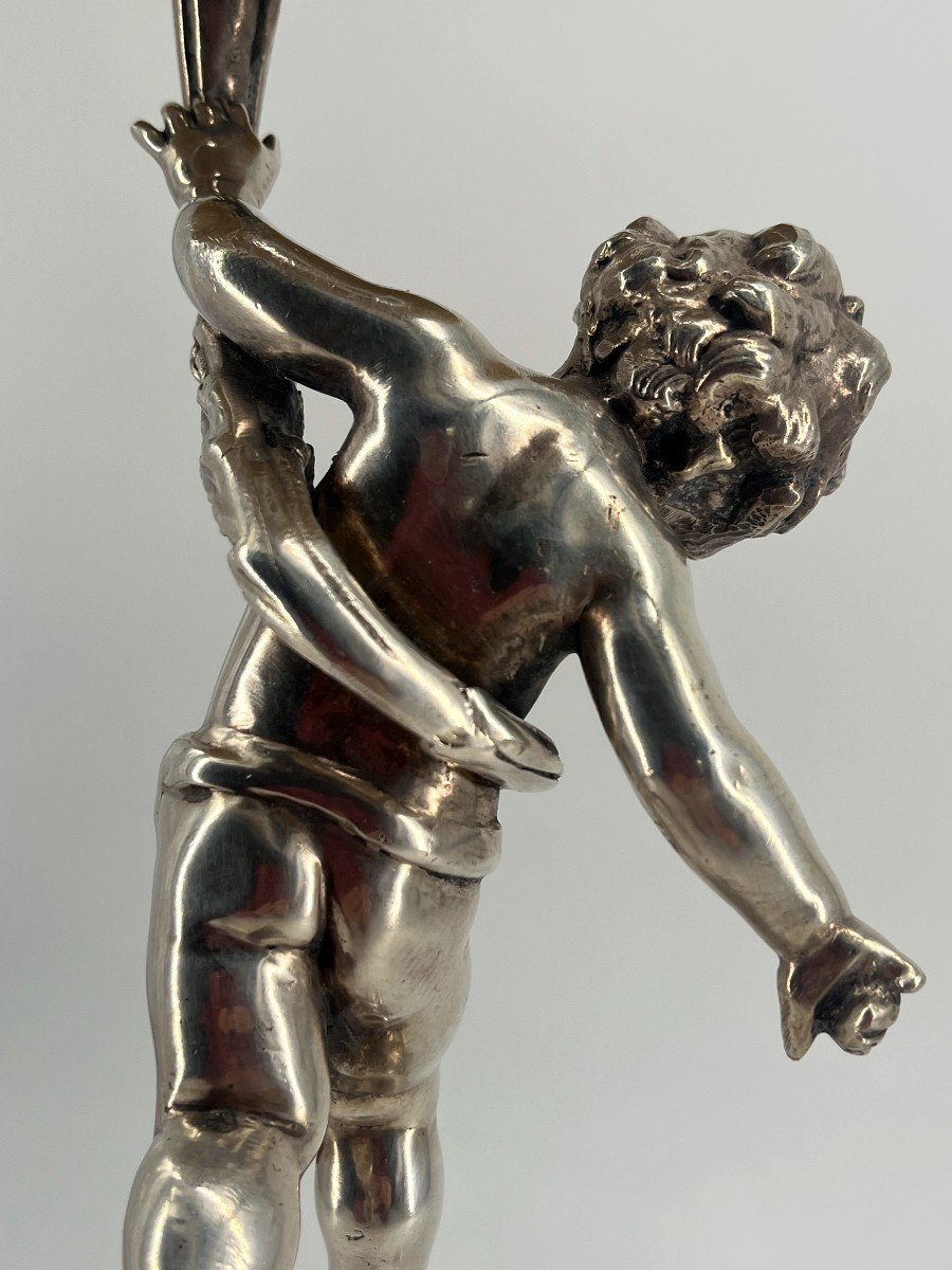Bougeoir monté en Lampe, Bronze Argenté, Au Chérubin, Style Louis XVI-photo-8
