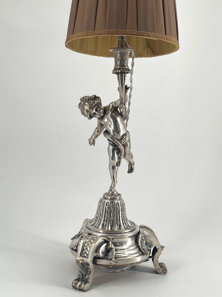 Bougeoir monté en Lampe, Bronze Argenté, Au Chérubin, Style Louis XVI