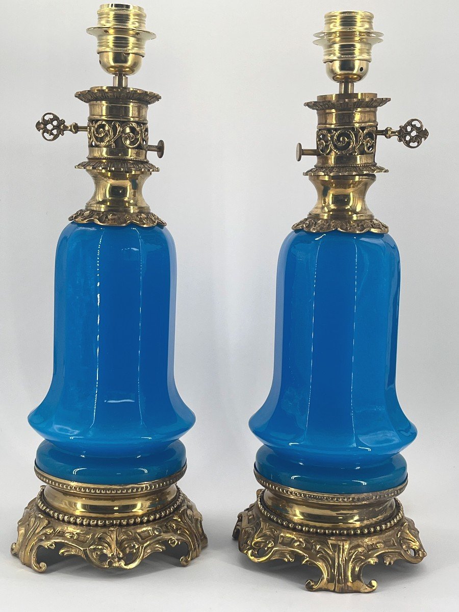 Paire De Lampes En Opaline Turquoise. Epoque Fin XIXè Siècle-photo-2