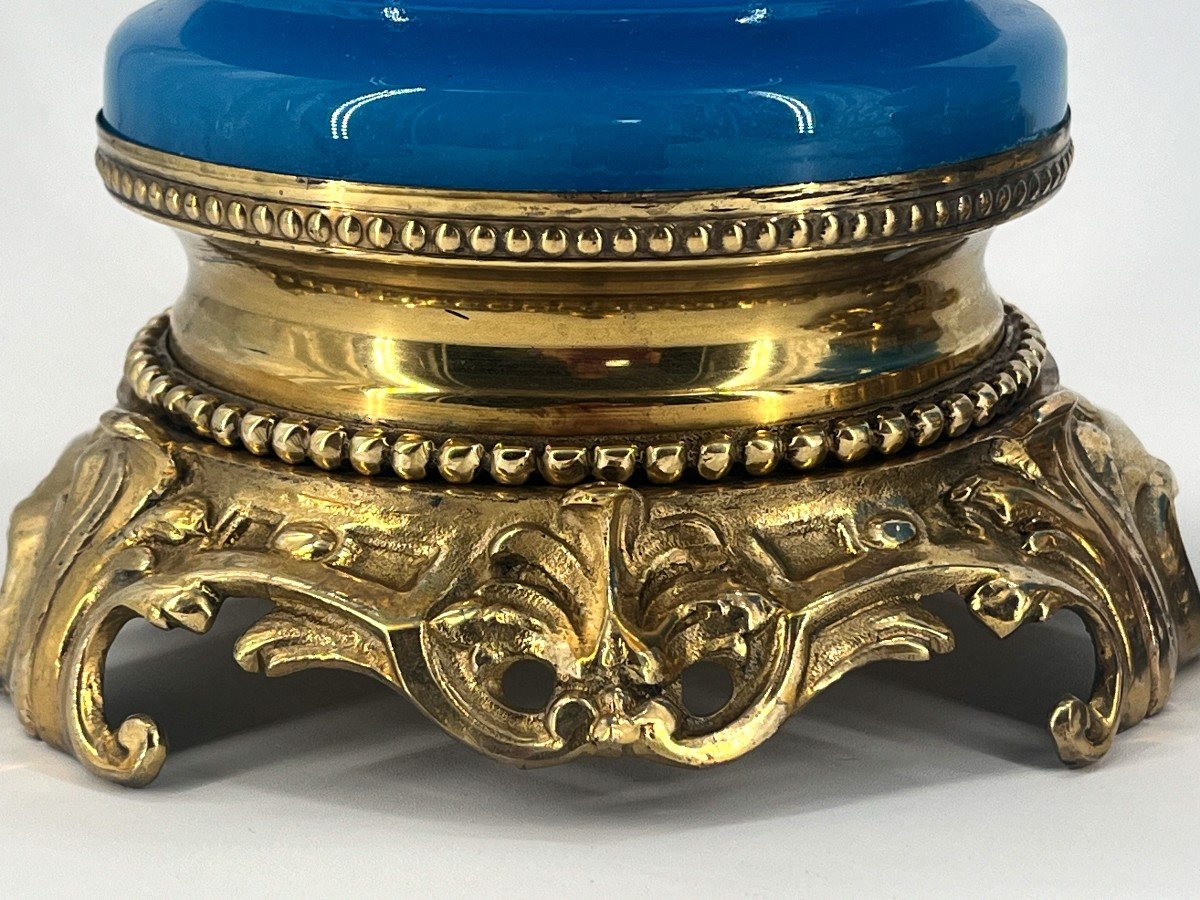 Paire De Lampes En Opaline Turquoise. Epoque Fin XIXè Siècle-photo-3