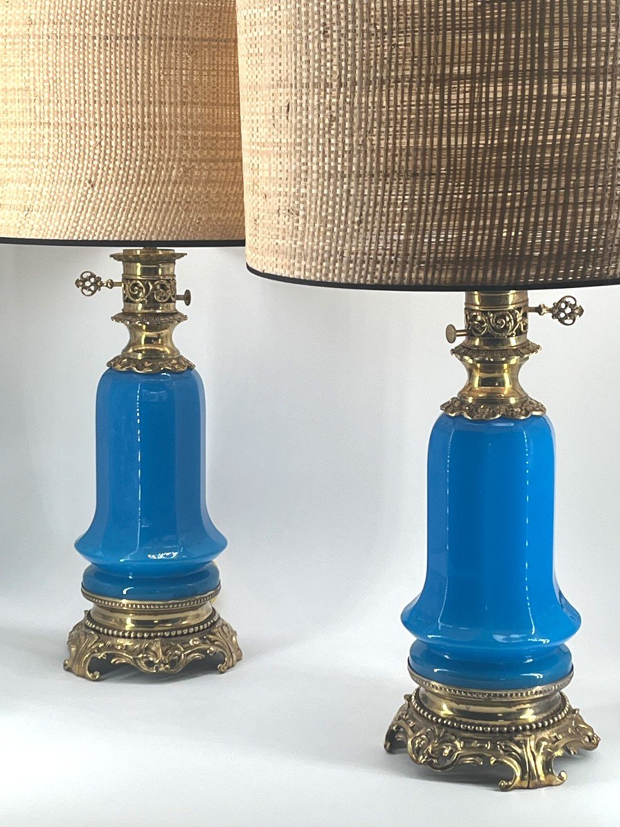 Paire De Lampes En Opaline Turquoise. Epoque Fin XIXè Siècle