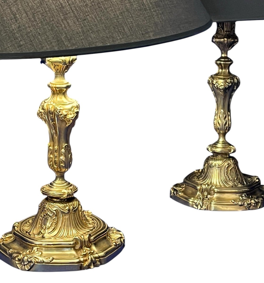 Paire De Flambeaux Montés En Lampes, En Bronze Doré. Style Louis XV. Epoque XIXè Siècle-photo-2