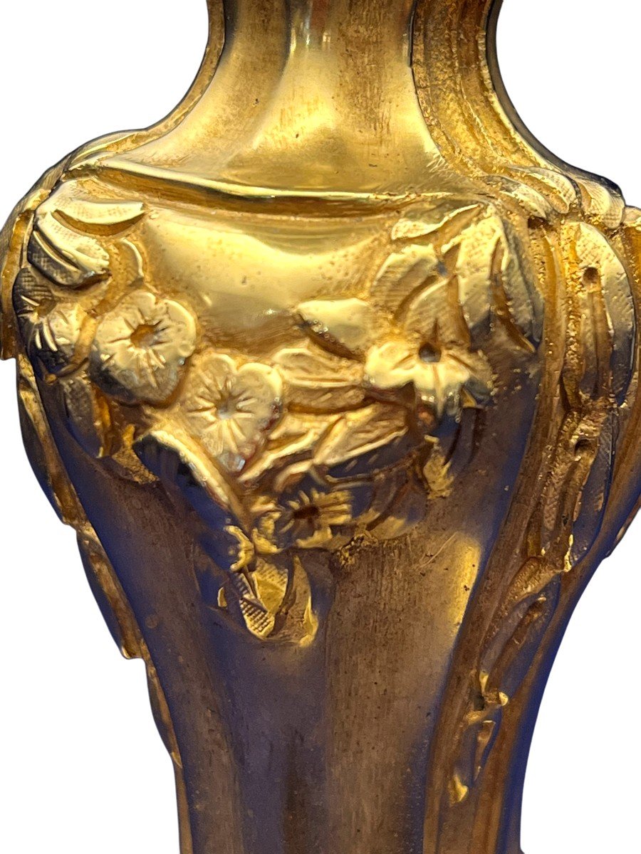 Paire De Flambeaux Montés En Lampes, En Bronze Doré. Style Louis XV. Epoque XIXè Siècle-photo-4