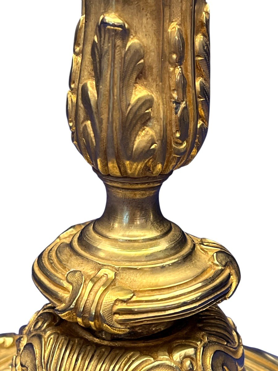 Paire De Flambeaux Montés En Lampes, En Bronze Doré. Style Louis XV. Epoque XIXè Siècle-photo-1
