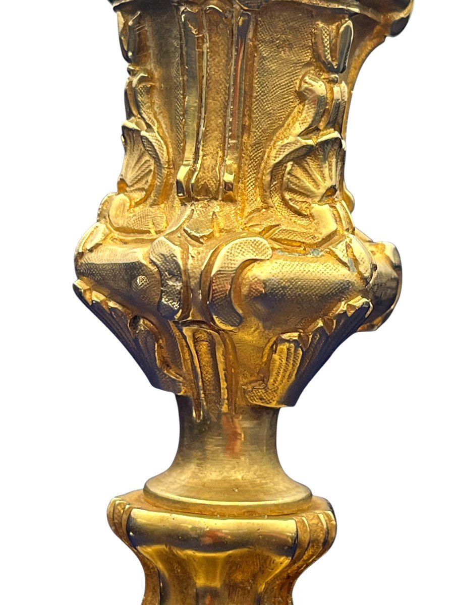 Paire De Flambeaux Montés En Lampes, En Bronze Doré. Style Louis XV. Epoque XIXè Siècle-photo-2