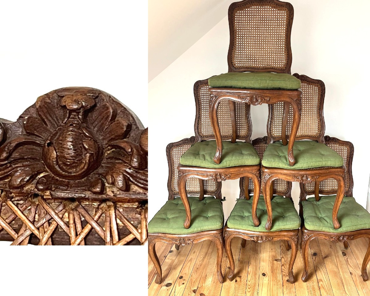 Suite de Six chaises cannées,  à la grenade. Epoque Régence
