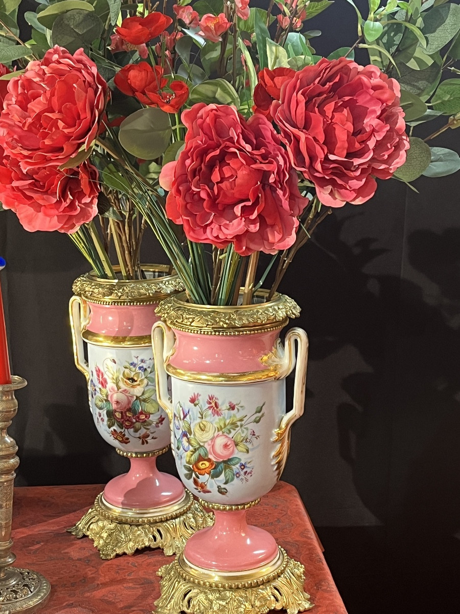 Pair Of Paris Porcelain Vases, Napoleon III Period-photo-2