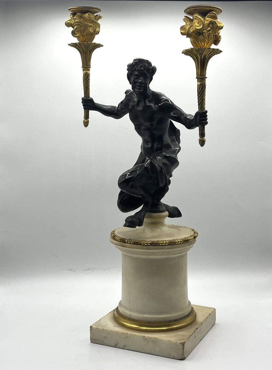 Paire de candélabres, décor aux faunes. Epoque Directoire-photo-1