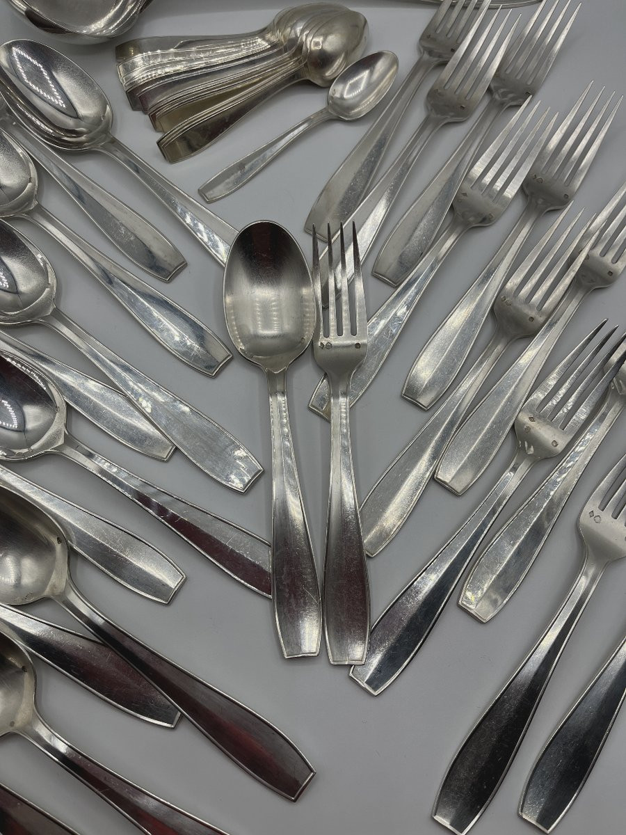 Christofle Solid Silver Cutlery Set, Atlas Model, By Luc Lanel. 30 Pieces -photo-2
