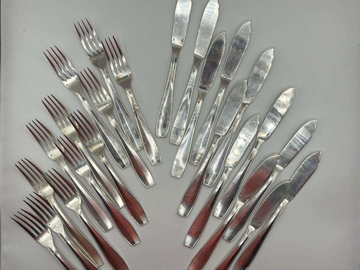 Christofle. Series Of 12 Fish Cutlery, Atlas Model, Luc Lanel-photo-4