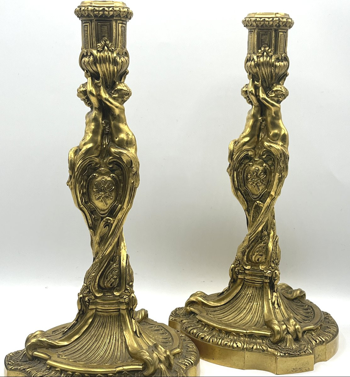Paire de flambeaux en bronze doré, d'après MEISSONNIER.  Epoque Napoléon III-photo-2