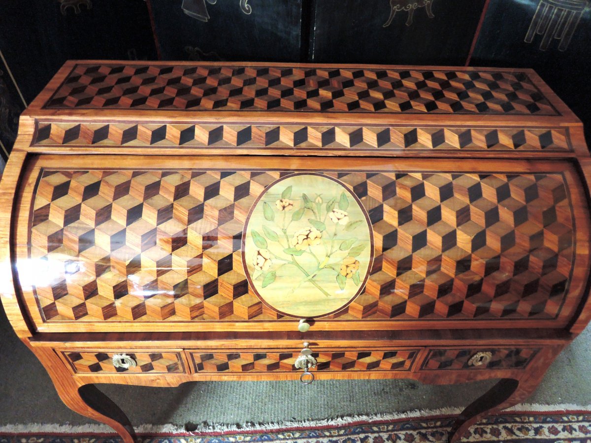 Bureau Cylindre à Marqueterie De Cubes Et Fleurs. Epoque Transition Louis XV-Louis XVI.  Attribué à Fidelys Schey-photo-5