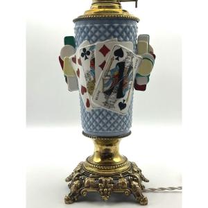 Porcelain Lamp With Card Game Decor. Period Late 19th, Early 20th Century